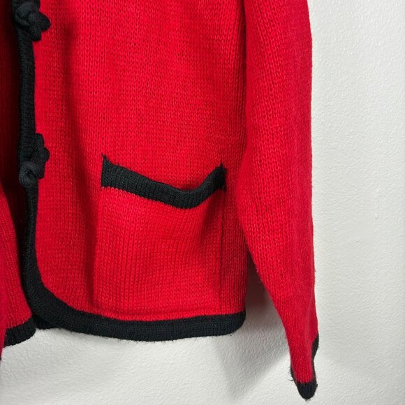 VTG 80s Tally-ho Red Black Knit Knot Button Sweater Size Medium Preppy - Picture 3 of 6